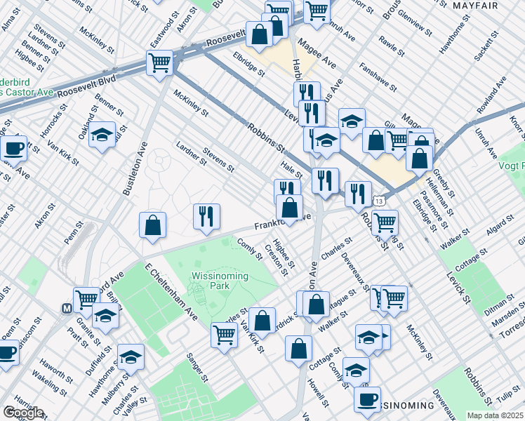 map of restaurants, bars, coffee shops, grocery stores, and more near 2923 Benner Street in Philadelphia