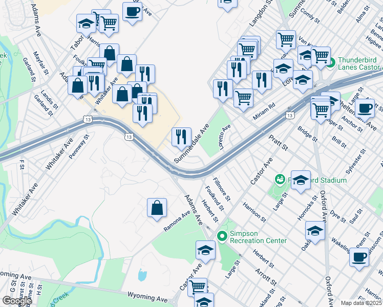 map of restaurants, bars, coffee shops, grocery stores, and more near 4800 Fillmore Terrace in Philadelphia