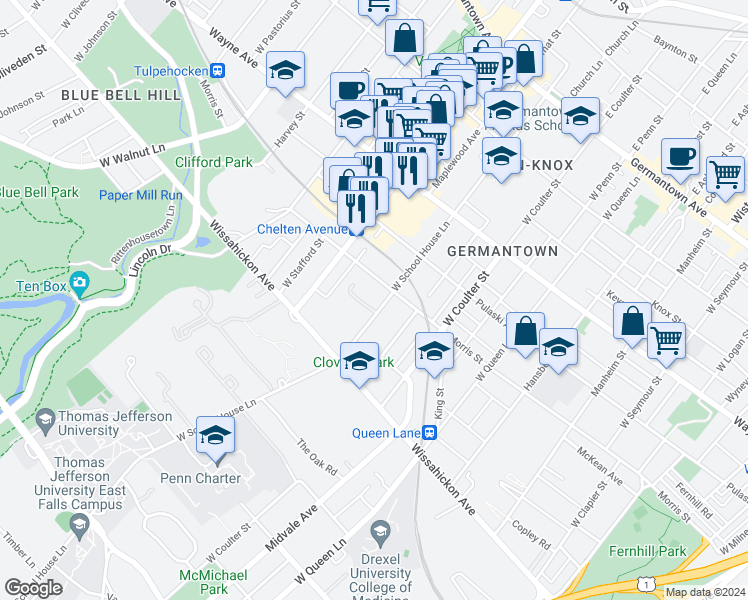 map of restaurants, bars, coffee shops, grocery stores, and more near 413 West School House Lane in Philadelphia
