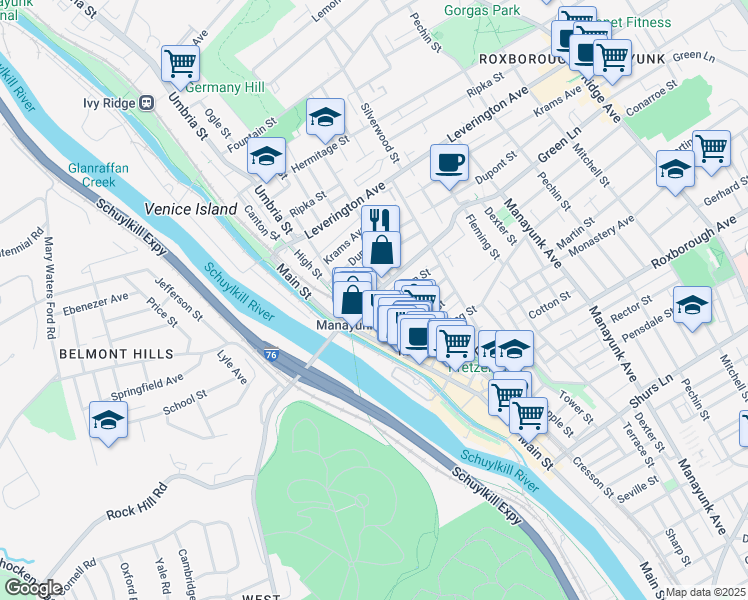 map of restaurants, bars, coffee shops, grocery stores, and more near 135 Green Lane in Philadelphia
