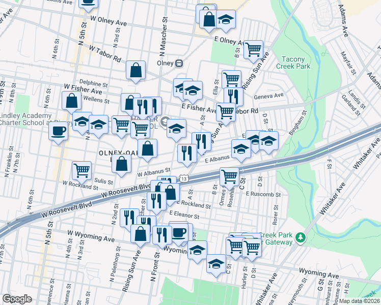 map of restaurants, bars, coffee shops, grocery stores, and more near 4986 Rising Sun Avenue in Philadelphia