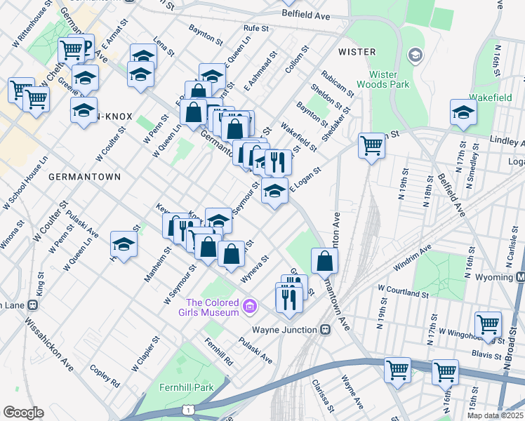 map of restaurants, bars, coffee shops, grocery stores, and more near 4918 Royal Street in Philadelphia