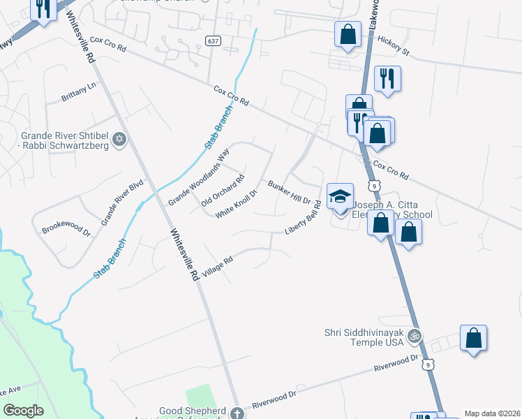 map of restaurants, bars, coffee shops, grocery stores, and more near 1943 Powder Horn Road in Toms River