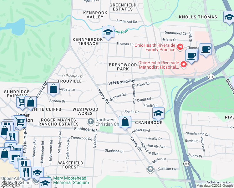 map of restaurants, bars, coffee shops, grocery stores, and more near 1106 Bernard Road in Columbus