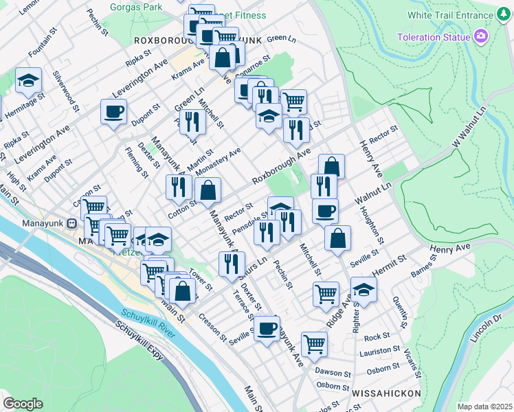 map of restaurants, bars, coffee shops, grocery stores, and more near 407 Rector Street in Philadelphia