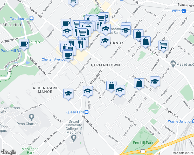 map of restaurants, bars, coffee shops, grocery stores, and more near 300 West Coulter Street in Philadelphia