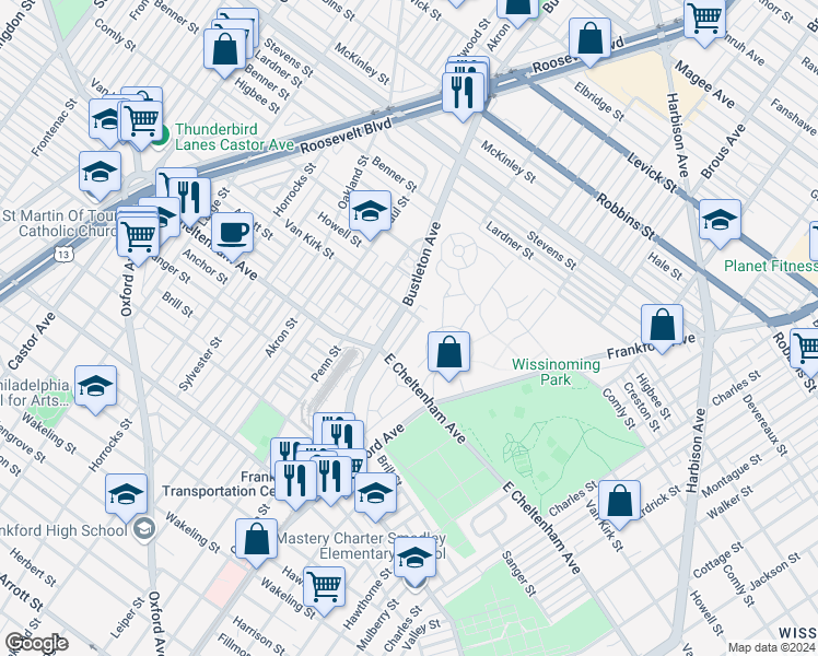 map of restaurants, bars, coffee shops, grocery stores, and more near 5744 Leonard Street in Philadelphia