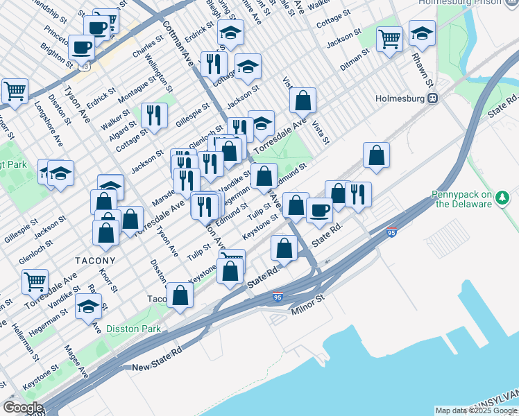 map of restaurants, bars, coffee shops, grocery stores, and more near 7214 Tulip Street in Philadelphia