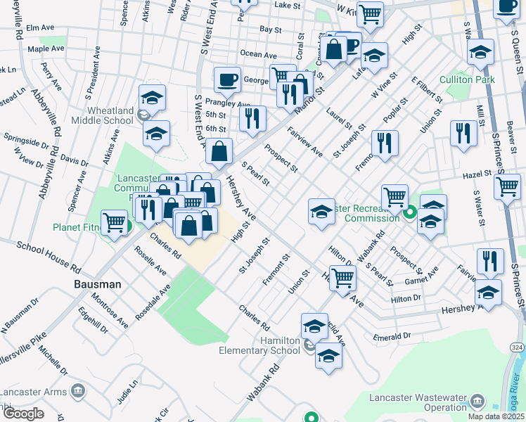 map of restaurants, bars, coffee shops, grocery stores, and more near 1044 High Street in Lancaster