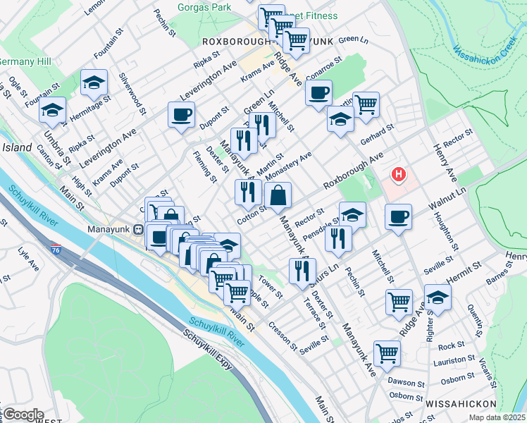 map of restaurants, bars, coffee shops, grocery stores, and more near 307 Cotton Street in Philadelphia