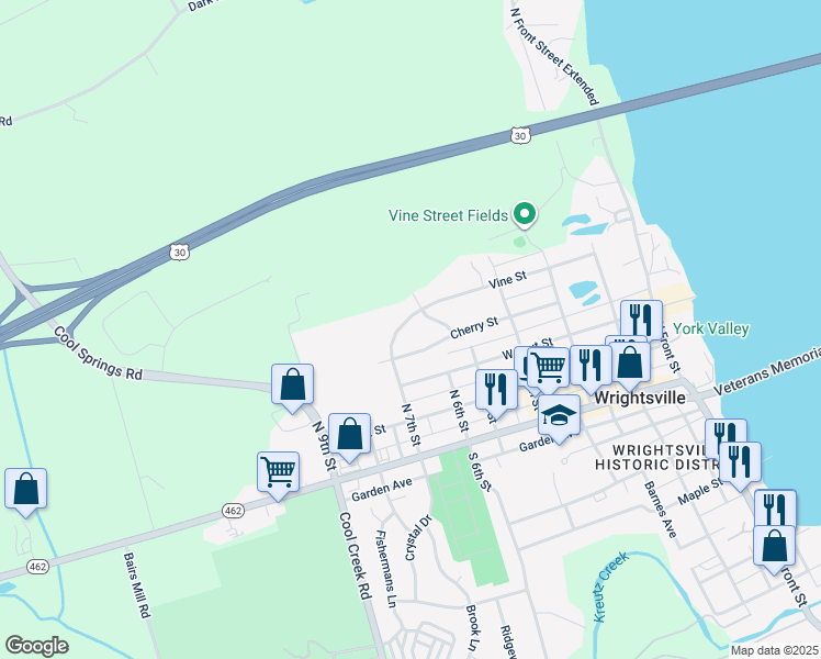 map of restaurants, bars, coffee shops, grocery stores, and more near 312 North 7th Street in Wrightsville
