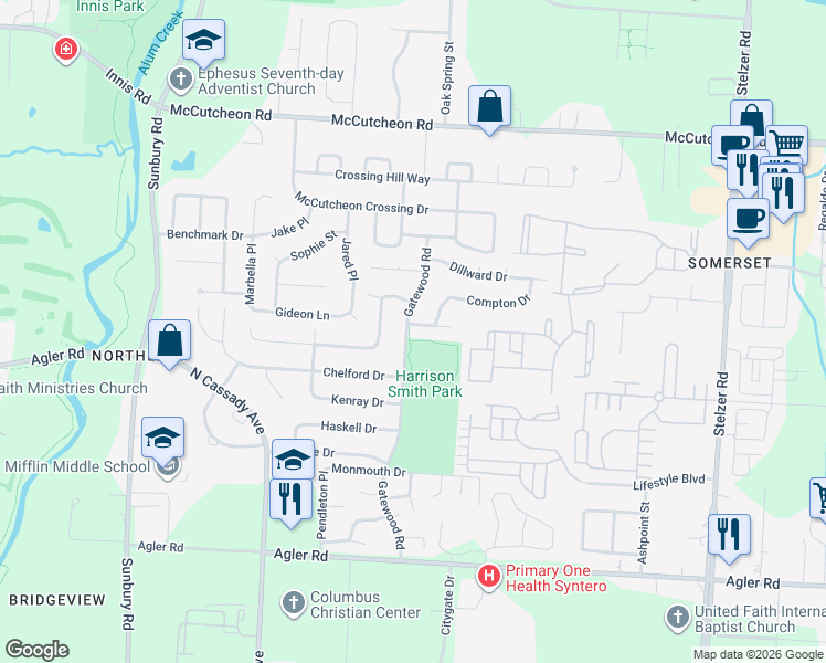 map of restaurants, bars, coffee shops, grocery stores, and more near 2718 Gatewood Road in Columbus