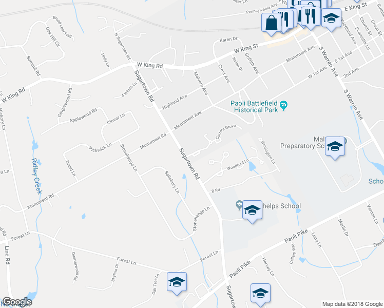 map of restaurants, bars, coffee shops, grocery stores, and more near 147 Carters Grove in Malvern