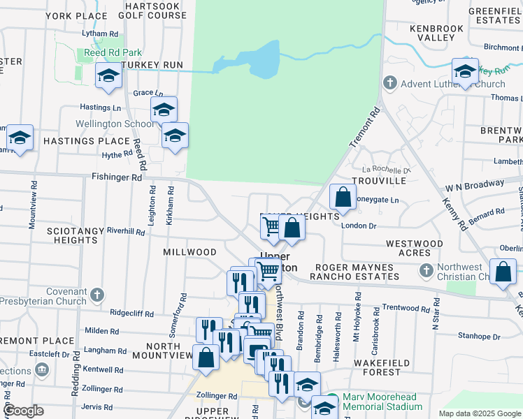 map of restaurants, bars, coffee shops, grocery stores, and more near 3447 Sunningdale Way in Columbus