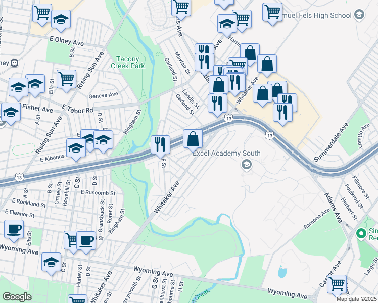 map of restaurants, bars, coffee shops, grocery stores, and more near 5152 Mebus Street in Philadelphia