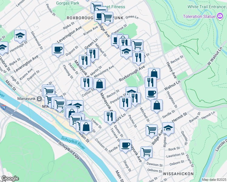 map of restaurants, bars, coffee shops, grocery stores, and more near 4222 Pechin Street in Philadelphia