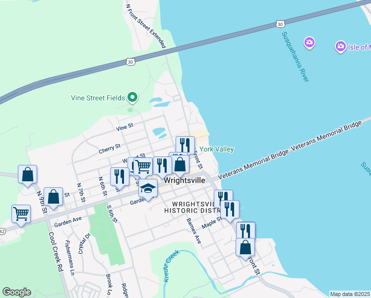 map of restaurants, bars, coffee shops, grocery stores, and more near 217 South Front Street in Wrightsville