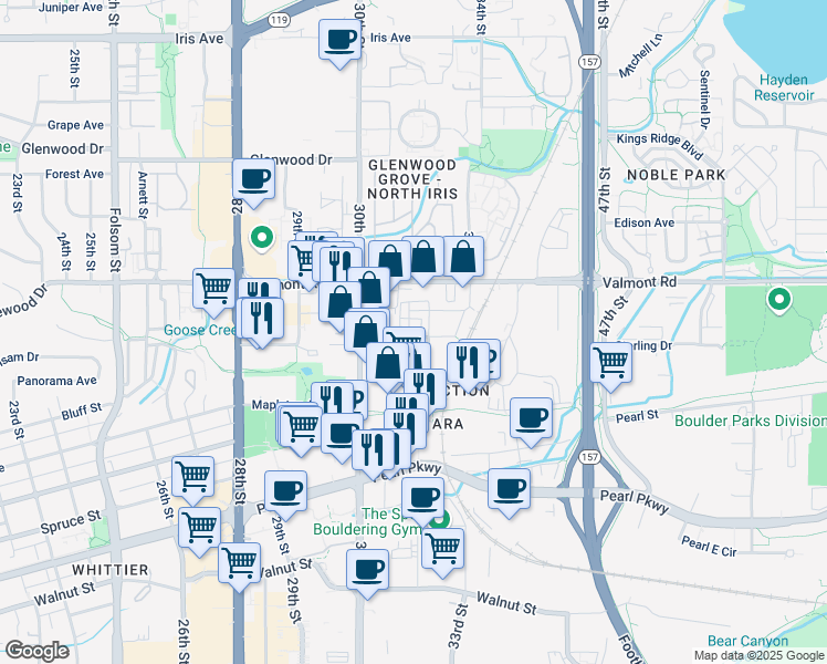 map of restaurants, bars, coffee shops, grocery stores, and more near 3129 Bluff Street in Boulder