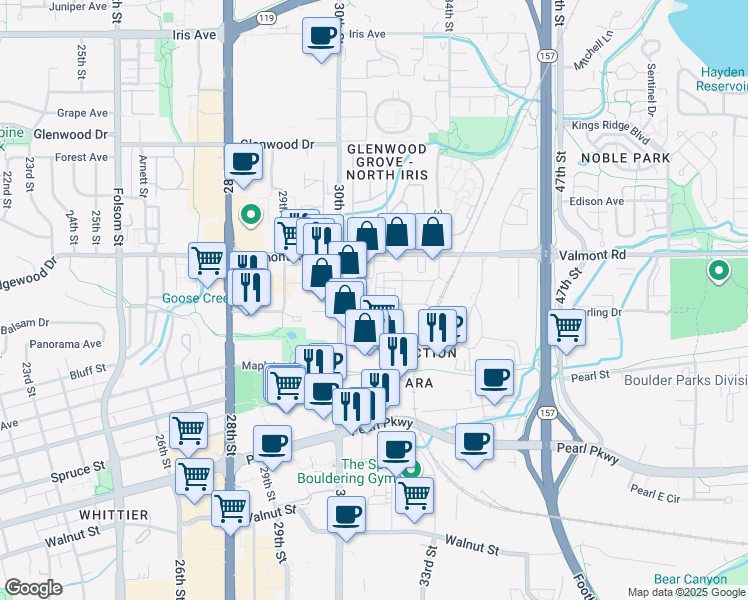 map of restaurants, bars, coffee shops, grocery stores, and more near 3129 Bluff Street in Boulder