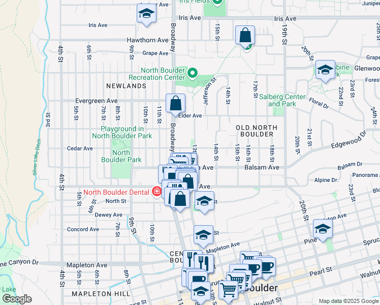 map of restaurants, bars, coffee shops, grocery stores, and more near 2831 13th Street in Boulder