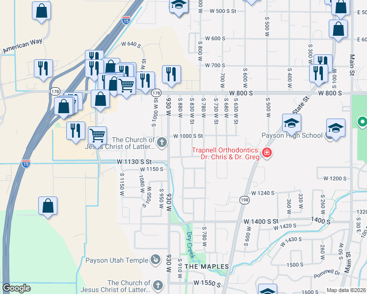 map of restaurants, bars, coffee shops, grocery stores, and more near 1071 South 880 West in Payson