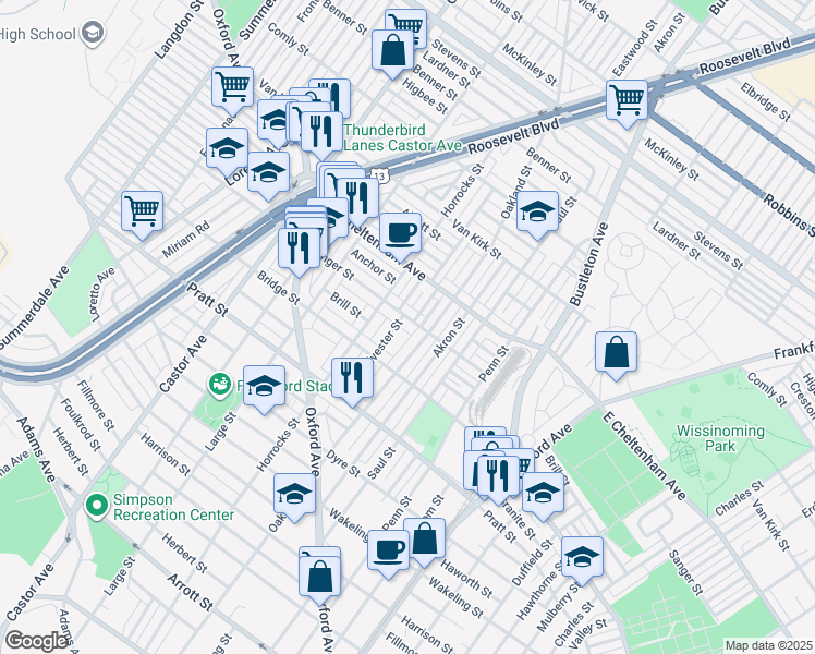 map of restaurants, bars, coffee shops, grocery stores, and more near 5347 Sylvester Street in Philadelphia