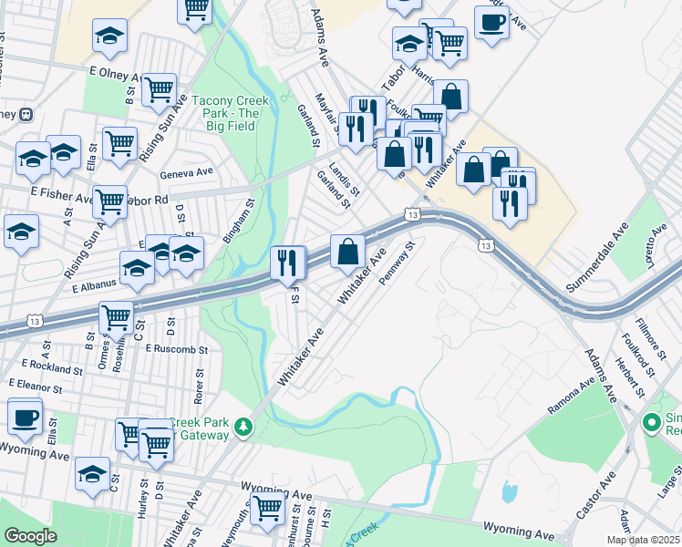 map of restaurants, bars, coffee shops, grocery stores, and more near 5152 Mebus Street in Philadelphia
