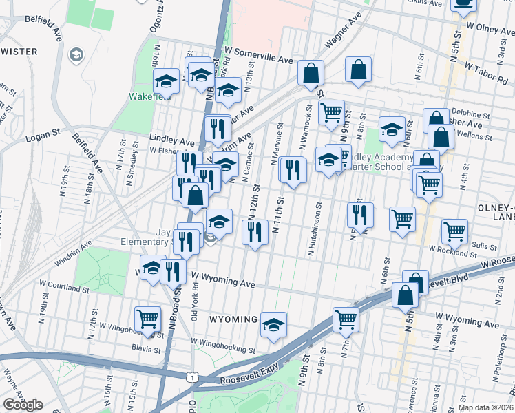 map of restaurants, bars, coffee shops, grocery stores, and more near 4913 North Marvine Street in Philadelphia