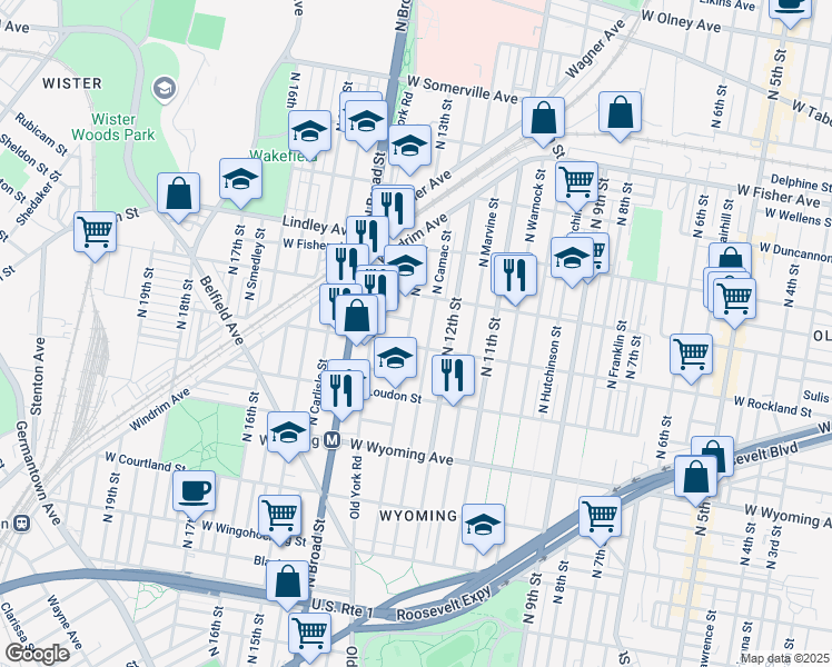 map of restaurants, bars, coffee shops, grocery stores, and more near 4907 North Camac Street in Philadelphia