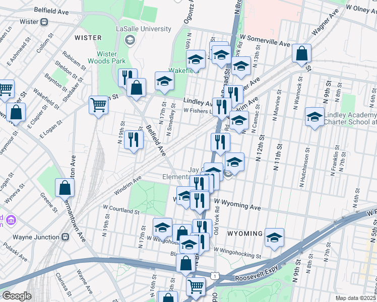 map of restaurants, bars, coffee shops, grocery stores, and more near 4840 North Sydenham Street in Philadelphia