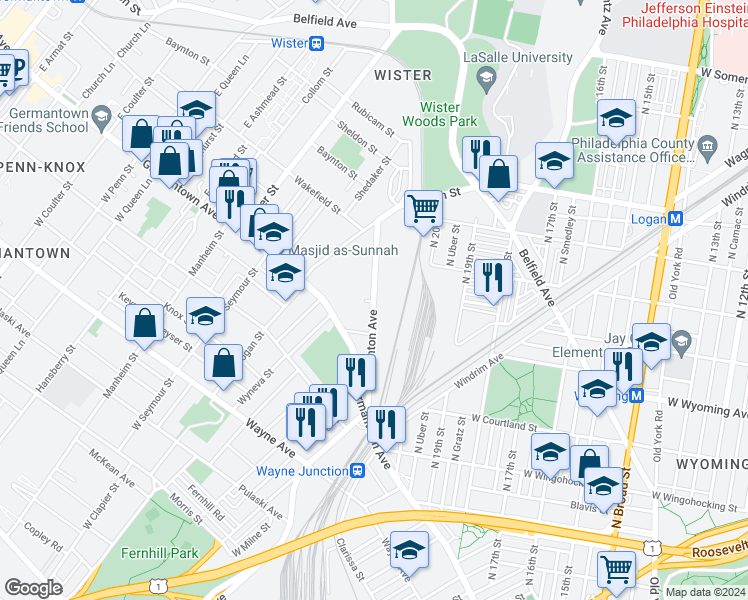 map of restaurants, bars, coffee shops, grocery stores, and more near 4717 Stenton Avenue in Philadelphia