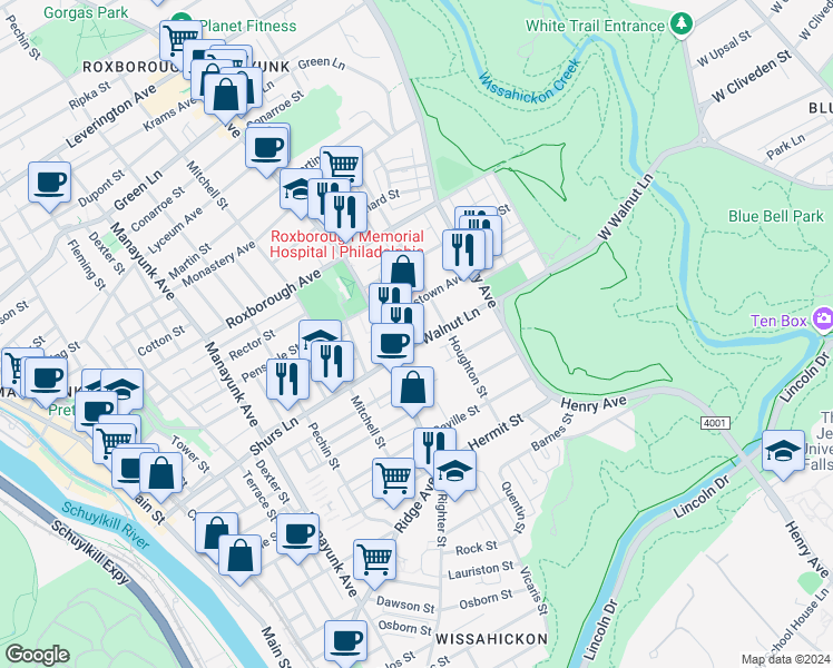 map of restaurants, bars, coffee shops, grocery stores, and more near 530 Walnut Lane in Philadelphia