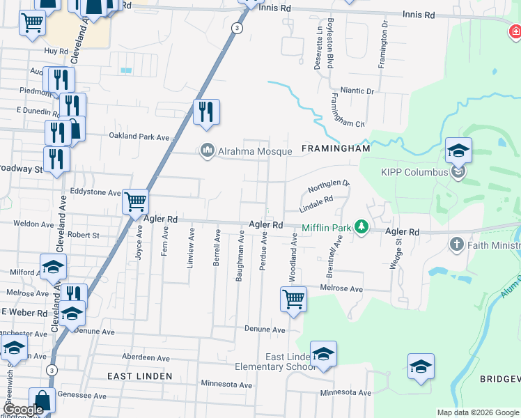 map of restaurants, bars, coffee shops, grocery stores, and more near 2870 Perdue Avenue in Columbus