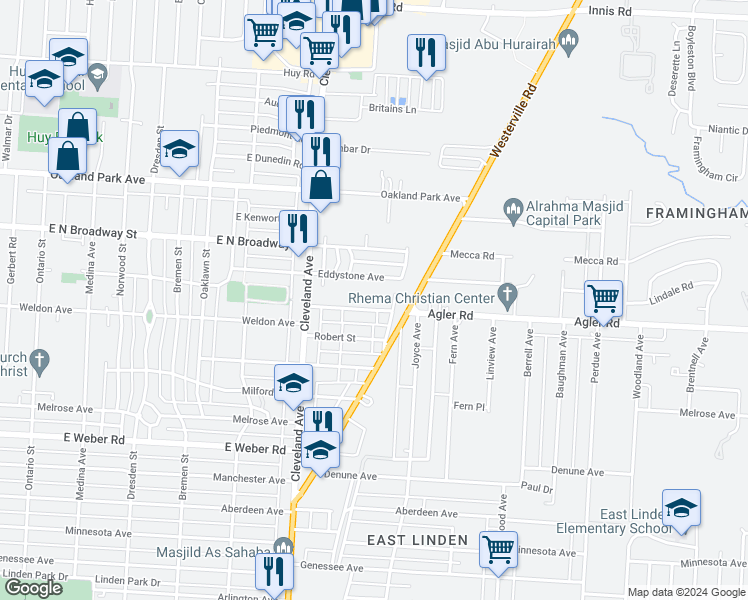 map of restaurants, bars, coffee shops, grocery stores, and more near 1880 Agler Road in Columbus