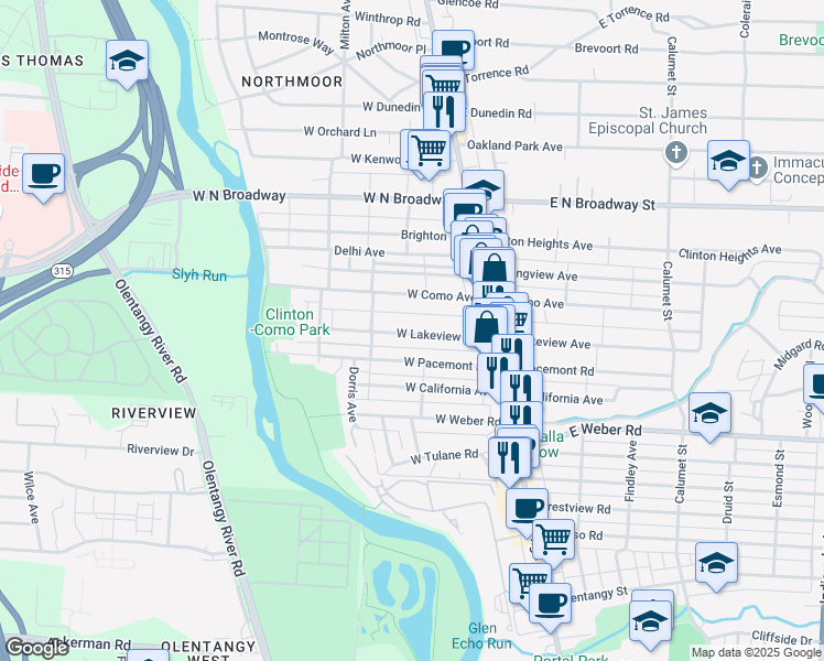 map of restaurants, bars, coffee shops, grocery stores, and more near 93 West Lakeview Avenue in Columbus