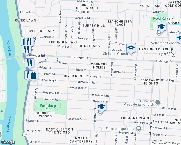 map of restaurants, bars, coffee shops, grocery stores, and more near 2454 Cranford Road in Columbus