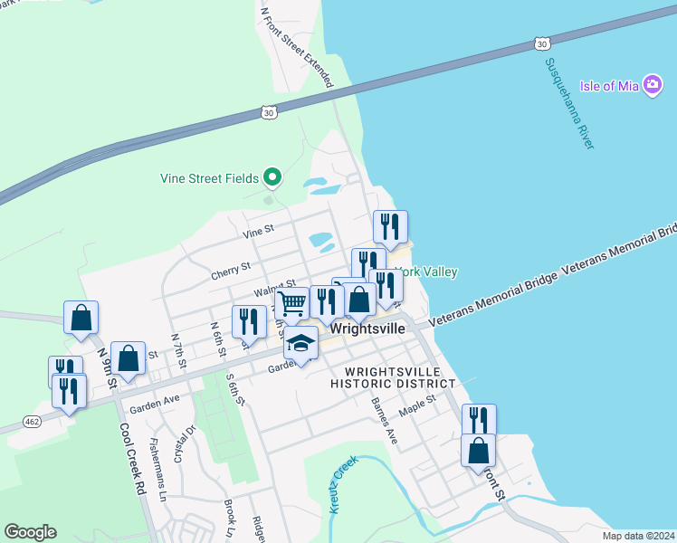 map of restaurants, bars, coffee shops, grocery stores, and more near 211 Walnut Street in Wrightsville