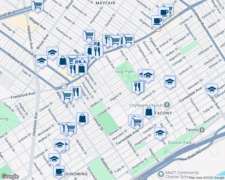 map of restaurants, bars, coffee shops, grocery stores, and more near 6602 Walker Street in Philadelphia