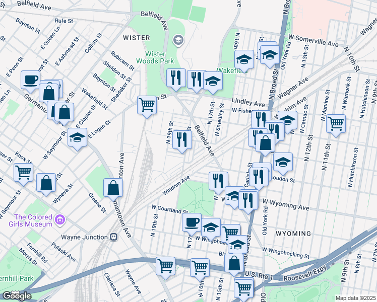 map of restaurants, bars, coffee shops, grocery stores, and more near 4833 North 18th Street in Philadelphia