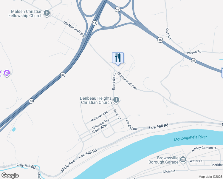 map of restaurants, bars, coffee shops, grocery stores, and more near 124 East End Road in Brownsville