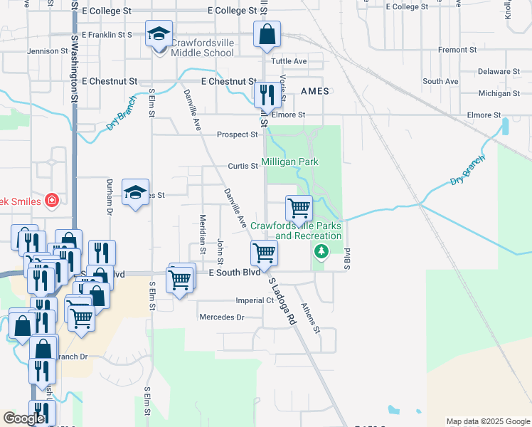 map of restaurants, bars, coffee shops, grocery stores, and more near 1208 Mill Street in Crawfordsville