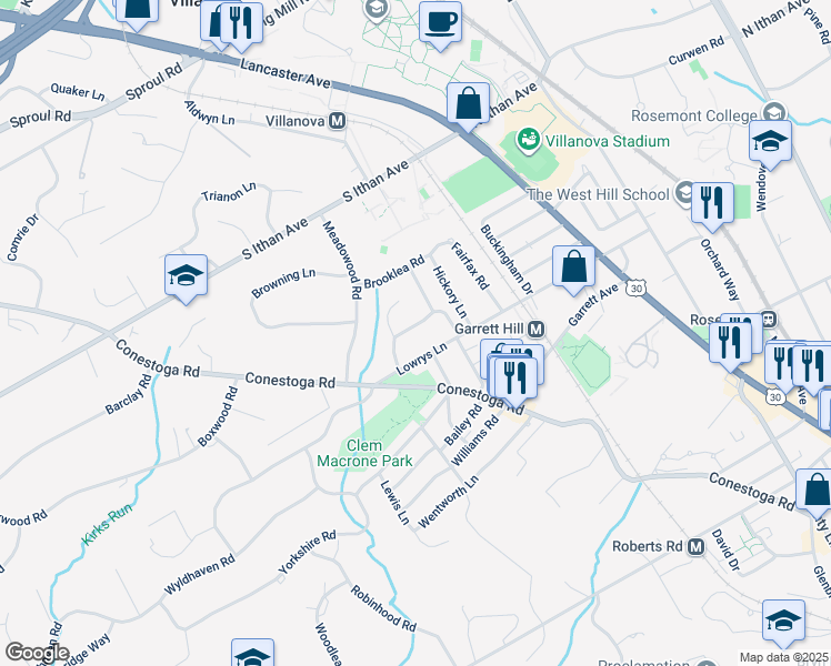 map of restaurants, bars, coffee shops, grocery stores, and more near 135 Barcladen Road in Bryn Mawr