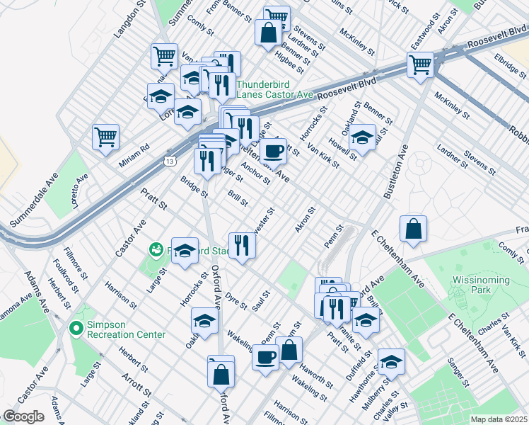 map of restaurants, bars, coffee shops, grocery stores, and more near 5347 Sylvester Street in Philadelphia