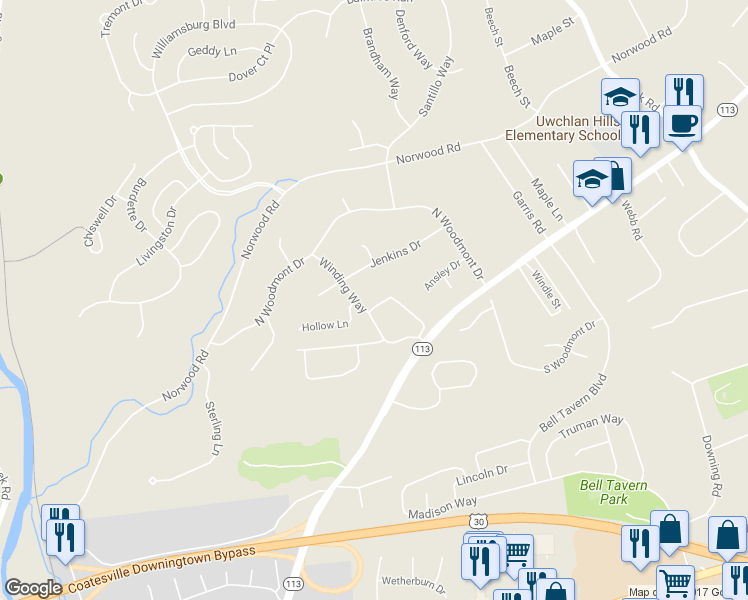 map of restaurants, bars, coffee shops, grocery stores, and more near 63 Gunning Lane in Downingtown