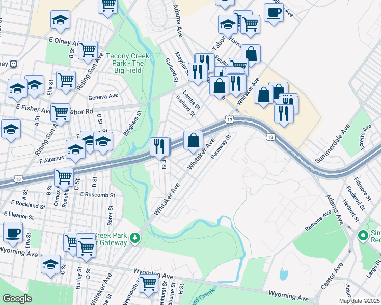 map of restaurants, bars, coffee shops, grocery stores, and more near 5154 Mebus Street in Philadelphia