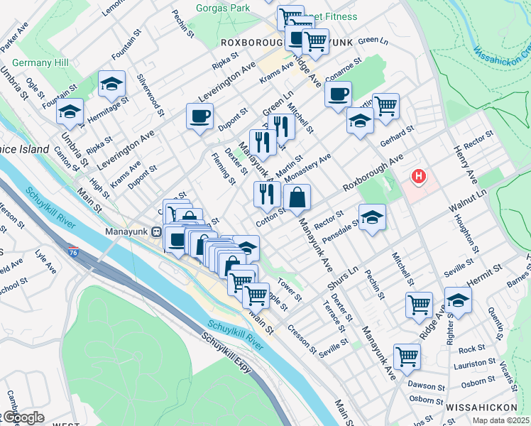 map of restaurants, bars, coffee shops, grocery stores, and more near 4325 Fleming Street in Philadelphia