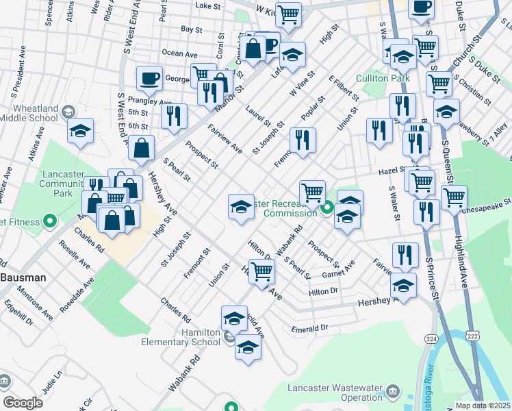 map of restaurants, bars, coffee shops, grocery stores, and more near 318 Prospect Street in Lancaster