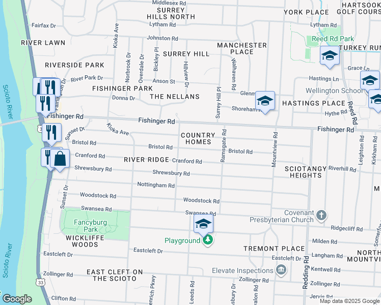 map of restaurants, bars, coffee shops, grocery stores, and more near 2386 Cranford Road in Columbus