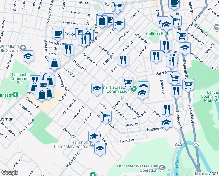 map of restaurants, bars, coffee shops, grocery stores, and more near 841 Union Street in Lancaster