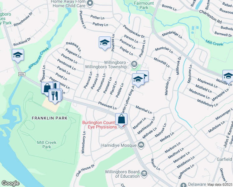 map of restaurants, bars, coffee shops, grocery stores, and more near 27 Pebble Lane in Willingboro